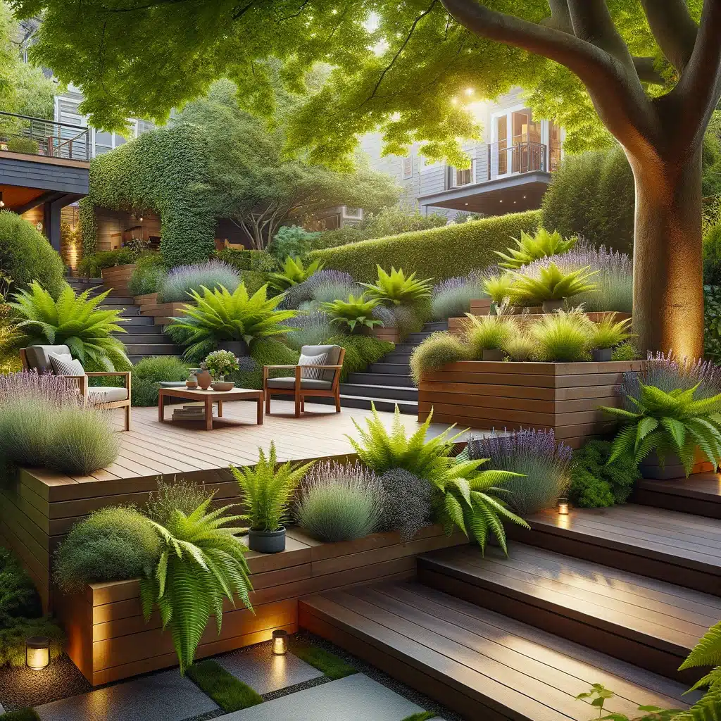 DALL·E 2024 03 23 21.44.39 Create an image showcasing a beautifully integrated deck and garden space in a Seattle home. The scene should depict a modern wooden deck with built i